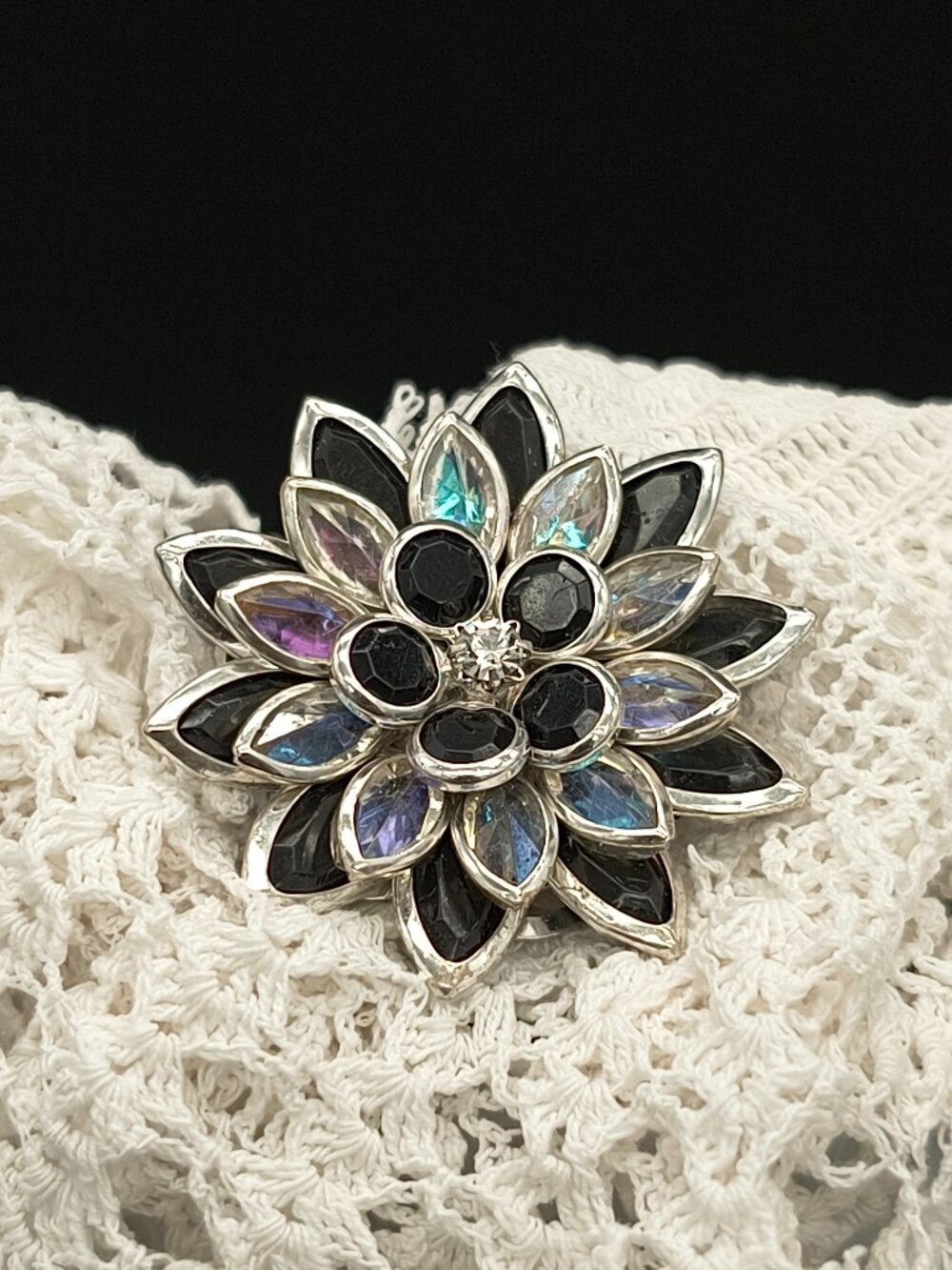 Vintage Avon Lotus Flower Silver Tone W' Black & Iridescent Petal Brooch